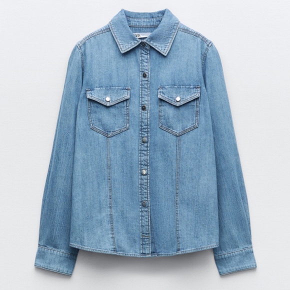Zara Denim Shirt Mid-Blue Silver Buttons size Medium - Picture 1 of 7